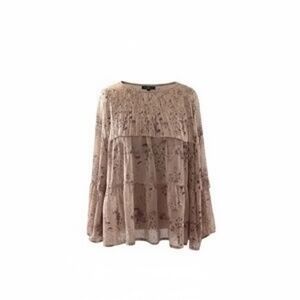 Eri+ Ali Women's Beige Floral Plated Hem Tunic Ruffle Crew Neck‎ Blouse Large